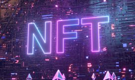 Blockchain digital data transmission room. NFT non fungible token neon concept with crypto currencies Ethereum. New way to buy digital assets, collectibles and crypto art. High quality 3d illustration